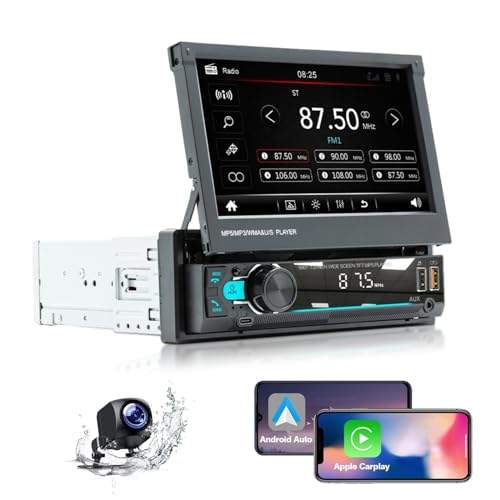 Einzel-DIN-Autoradio, 7-Zoll-Autoradio mit Einziehbarem Touchscreen, Bluetooth 5.1-Autoradioempfänger mit 12-LED-Rückfahrkamera, Carplay für Android Auto Mirror Link USB TF MIC von Cuifati