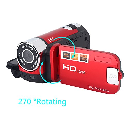Handheld-Videocamcorder 16X Videokamera Camcorder Full HD 2,4-Zoll-Bildschirm 270 Grad Drehbar, Digitalkamera mit COMS-Sensor, Eingebauter Lautsprecher, Digitale Videokamera für Kinder,(EU-Rot) von Cuifati