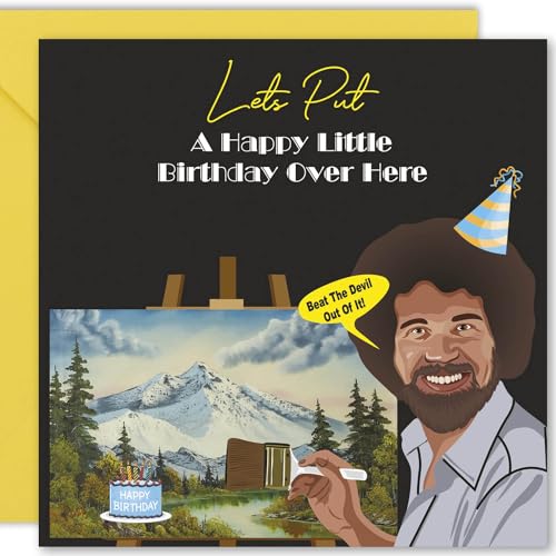 Cult Kitty - Happy Little Birthday - Lustige Geburtstagskarte für Ihn - Freude am Malen Geburtstagskarte für Sie - Bob Ross Geburtstagskarte - Papa Geburtstagskarte - Karten für Ehemann von Cult Kitty