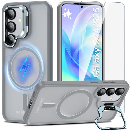 Cum2giff Magnetisch & Ständer für Samsung Galaxy S25/S24 Hülle mit Schutzfolie, Militärschutz Handyhülle für S25/S24 mit MagSafe, Durchscheinend Matt Stoßfeste Schutzhülle, Grau Cum2giff Magnetisch & Ständer für Samsung Galaxy S25/S24 Hülle mit Schutzfolie, Militärschutz Handyhülle für S25/S24 mit MagSafe, Durchscheinend Matt Stoßfeste Schutzhülle, Grau von Cum2giff