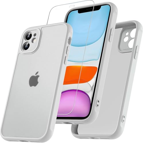 Cum2giff Matt Hülle für iPhone 11 mit HD Schutzfolie Glas, [Militärschutz] Schutzhülle Anti-Kratzen Anti-Fingerabdruck Durchscheinende Rückseite Schutzhülle für iPhone 11 (Grau) von Cum2giff