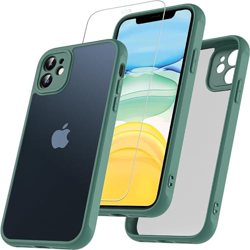 Cum2giff Matt Hülle für iPhone 11 mit HD Schutzfolie Glas, [Militärschutz] Schutzhülle Anti-Kratzen Anti-Fingerabdruck Durchscheinende Rückseite Schutzhülle für iPhone 11 (Grün) von Cum2giff