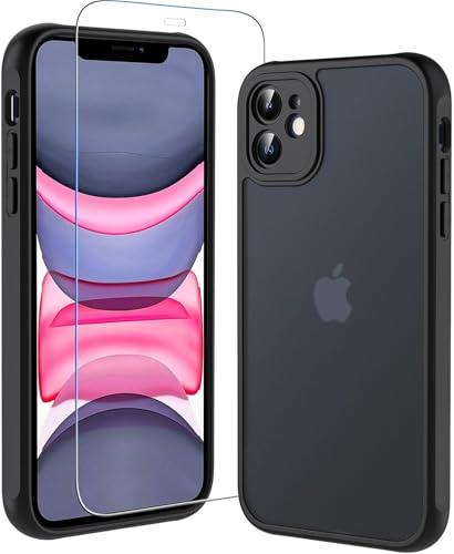 Cum2giff Matt Hülle für iPhone 11 mit HD Schutzfolie Glas, [Militärschutz] Schutzhülle Anti-Kratzen Anti-Fingerabdruck Durchscheinende Rückseite Schutzhülle für iPhone 11 (Schwarz) von Cum2giff