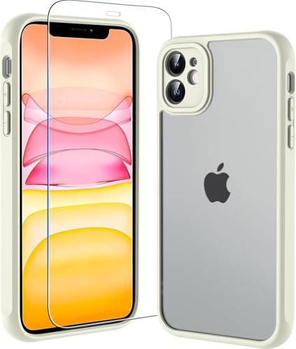 Cum2giff Matt Hülle für iPhone 11 mit HD Schutzfolie Glas, [Militärschutz] Schutzhülle Anti-Kratzen Anti-Fingerabdruck Durchscheinende Rückseite Schutzhülle für iPhone 11 (Weiß) von Cum2giff