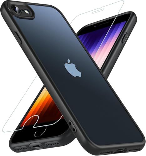 Cum2giff Matt Hülle für iPhone SE 3/2 (2022/2020), iPhone 8/7 mit HD Schutzfolie Glas, [Militärschutz] Schutzhülle Anti-Kratzen Anti-Fingerabdruck Durchscheinende Rückseite Schutzhülle (Schwarz) von Cum2giff