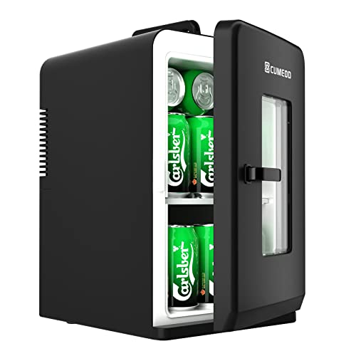 Cumeod 15 Liter/ 21 Dosen Mini Kühlschrank, 2 in 1 Kleiner Kühlschrank mit Kühl- und Heizfunktion, 12V DC/220V AC für Autos, Büros und Schlafsäle, Getränke, Kosmetik, Schwarz, Max- & Eco-Modus von Cumeod