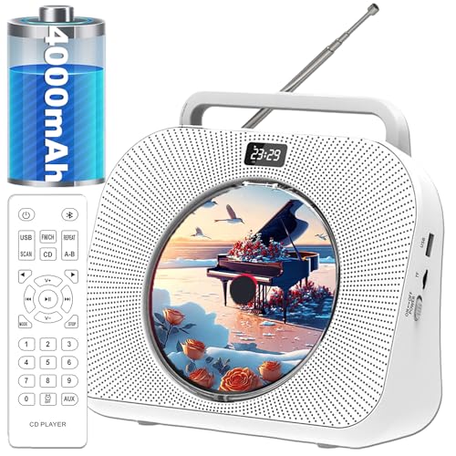 CD Player,Tragbarer Bluetooth CD Spieler mit 4000mAh-Akku,Eingebaute HiFi Lautsprecher mit Timer, FM Radio USB. von Cunsieun
