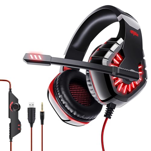 Cunsieun Gaming-Headset für PS4, PS5 PC, Xbox One, iPod, PS4-Kopfhörer mit 2 m Kabel und Mikrofon, Stereo-Surround-Kopfhörer mit Bass-Surround-Sound, geräuschunterdrückende Gamer-Kopfhörer (Rot) von Cunsieun