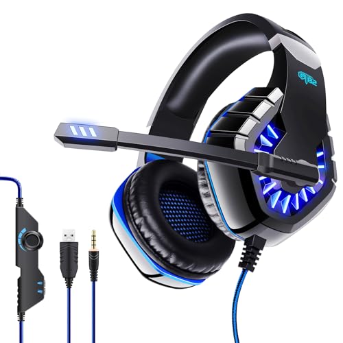 Cunsieun Gaming-Headset für PS4, PS5 PC, Xbox One, iPod, PS4-Kopfhörer mit 2 m Kabel und Mikrofon, Stereo-Surround-Kopfhörer mit Bass-Surround-Sound, geräuschunterdrückende Gamer-Kopfhörer (Blau) von Cunsieun