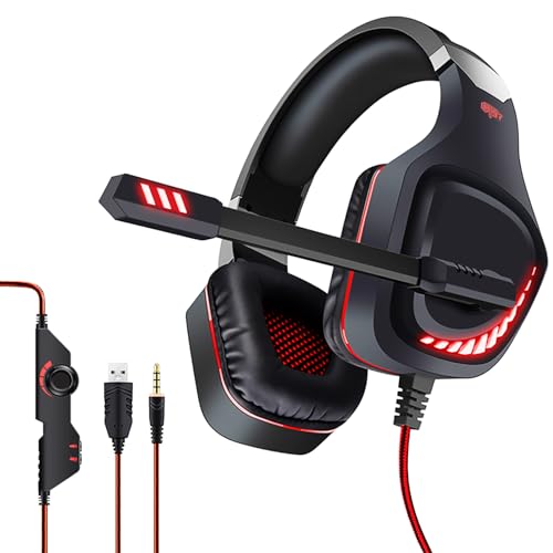 Cunsieun PC-Gaming-Headset für PS4, PS5, Xbox One, PC, PS4-Kopfhörer mit 2 m Kabel, Stereo-Surround-Kopfhörer mit Mikrofon, geräuschunterdrückende Gamer-Kopfhörer mit Bass-Surround-Sound (Rot) von Cunsieun