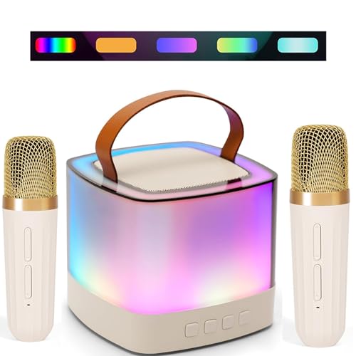 Karaoke Maschine, Mini Karaoke Maschine mit 2 Drahtlosen Mikrofonen, Tragbares Bluetooth Karaoke Maschine für Kinder Erwachsene mit LED-Lichter Jungen Mädchen Geschenke Heimparty (Stil 1) von Cunsieun