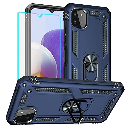 Cuoqing Samsung A22 5G Hülle, A22 5G Metallring Handyhülle & Schutzfolie, Hybrid Case Ständer Stoßstange Handy Hüllen Cover für Samsung Galaxy A22 5G (Blau) von Cuoqing