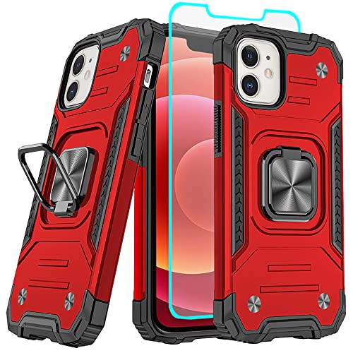 Cuoqing iPhone 12 Hülle, Handyhülle iPhone 12, Mit HD-Displayschutzfolie, 360° drehbarer Ständer Bumper [stoßfest] Schutzhülle für iPhone 12 (Rot) von Cuoqing