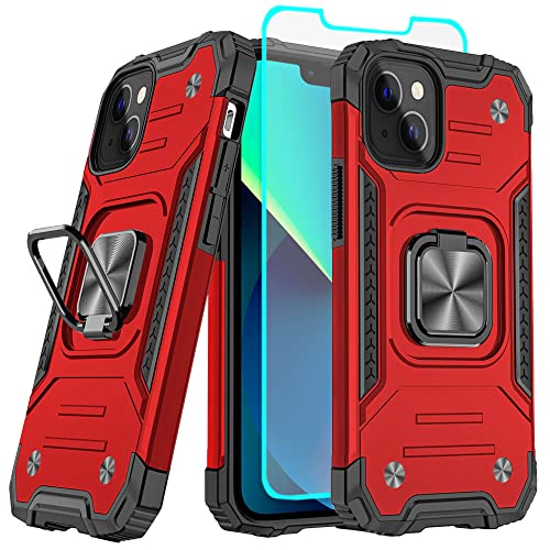 Cuoqing iPhone 13/14 Hülle, Bumper Schutzhülle mit 360° drehbarem Ständer, Militärischer Schutz, Rot von Cuoqing