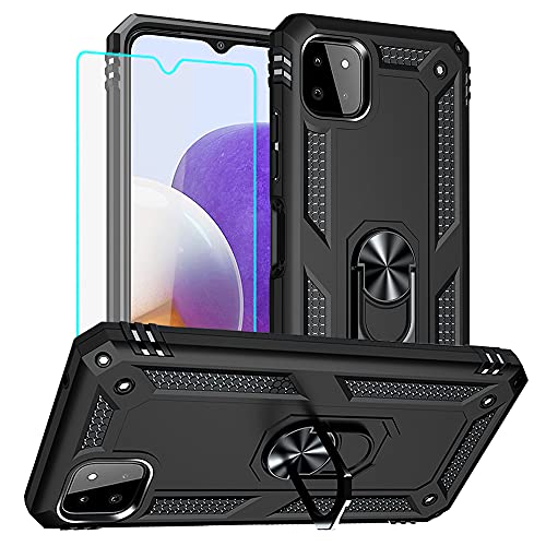 Samsung A22 5G Hülle, A22 5G Metallring Handyhülle & Schutzfolie, Hybrid Case Ständer Stoßstange Handy Hüllen Cover für Samsung Galaxy A22 5G (Schwarz) von Cuoqing