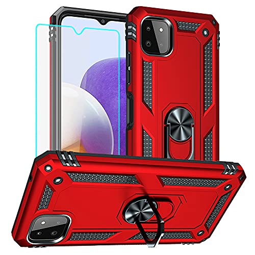 Samsung A22 5G Hülle, A22 5G Metallring Handyhülle & Schutzfolie, Hybrid Case Ständer Stoßstange Handy Hüllen Cover für Samsung Galaxy A22 5G (rot) von Cuoqing