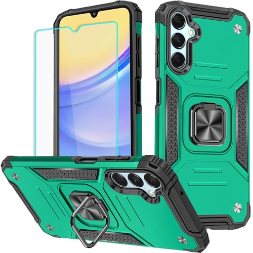 Schutzhülle für Samsung A15 4G/5G mit Displayschutzfolie, um 360° drehbarer Ständer in Militärqualität (strapazierfähig), stoßfeste Schutzhüllen für Samsung Galaxy A15 4G/5G, Dunkelgrün von Cuoqing