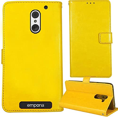 Cuson Flip Retro Leder Tasche Hülle Für PEAQ PSP 400 / Emporia SUPEReasy 5" Lederhülle Handyhülle Schutzhülle Klapphülle Handytasche Handy Etui Brieftasche Cover Case Abdeckung (Gelb) von Cuson