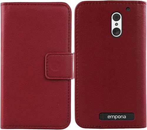 Cuson Flip Rot Echt Leder Tasche Hülle Für PEAQ PSP 400 / Emporia SUPEReasy 5" Lederhülle Handyhülle Schutz Klapp Handytasche Handy Etui Brieftasche Cover Case Abdeckung von Cuson