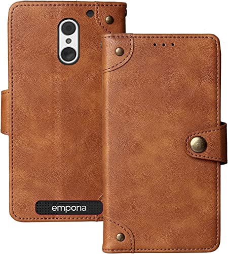 Cuson Retro Flip Braun Echt Leder Tasche Hülle Für PEAQ PSP 400 / Emporia SUPEReasy 5" Lederhülle Handyhülle Schutz Handytasche Handy Etui Brieftasche Cover Case Abdeckung von Cuson