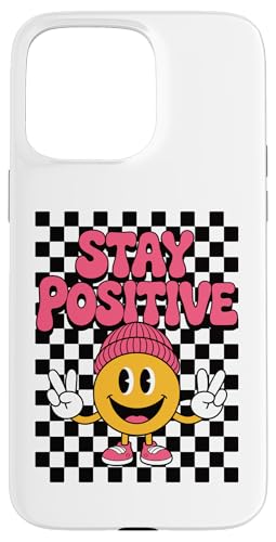 Stay Positive Happy Face Peace Zeichen Kariert Groovy Retro Hülle für iPhone 15 Pro Max von Cute 80s Smile Happy Tee