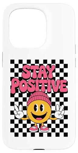 Stay Positive Happy Face Peace Zeichen Kariert Groovy Retro Hülle für iPhone 15 Pro von Cute 80s Smile Happy Tee