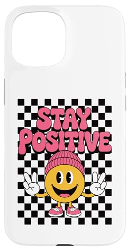 Stay Positive Happy Face Peace Zeichen Kariert Groovy Retro Hülle für iPhone 15 von Cute 80s Smile Happy Tee