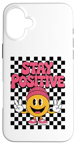 Stay Positive Happy Face Peace Zeichen Kariert Groovy Retro Hülle für iPhone 16 Plus von Cute 80s Smile Happy Tee