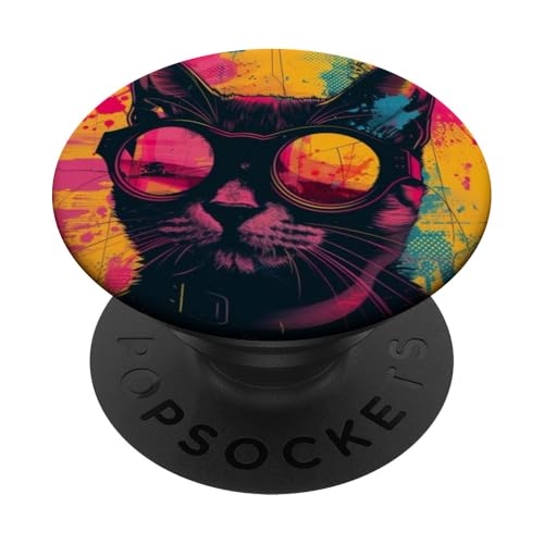 Coole, stilvolle Katze mit bunter Sonnenbrille, lebendig und trendig PopSockets Klebender PopGrip von Cute Accessories Art Gifts for Women and Men