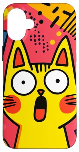 Lustige schockierte gelbe Katze rote Wangen bunter Hintergrund Hülle für iPhone 16 Plus von Cute Accessories Art Gifts for Women and Men