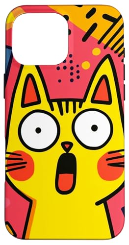 Lustige schockierte gelbe Katze rote Wangen bunter Hintergrund Hülle für iPhone 16 Pro Max von Cute Accessories Art Gifts for Women and Men