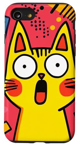 Lustige schockierte gelbe Katze rote Wangen bunter Hintergrund Hülle für iPhone SE (2020) / 7 / 8 von Cute Accessories Art Gifts for Women and Men