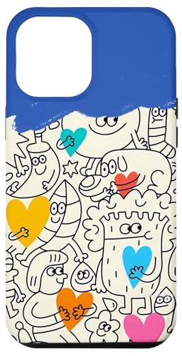 Niedliches lustiges Happy Doodle Zeichenmuster Blau Weiß Rosa Gelb Hülle für iPhone 12 Pro Max von Cute Accessories Art Gifts for Women and Men