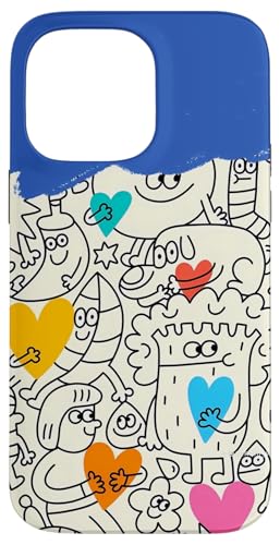 Niedliches lustiges Happy Doodle Zeichenmuster Blau Weiß Rosa Gelb Hülle für iPhone 14 Pro Max von Cute Accessories Art Gifts for Women and Men