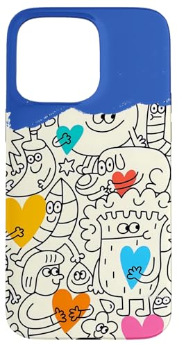 Niedliches lustiges Happy Doodle Zeichenmuster Blau Weiß Rosa Gelb Hülle für iPhone 15 Pro Max von Cute Accessories Art Gifts for Women and Men