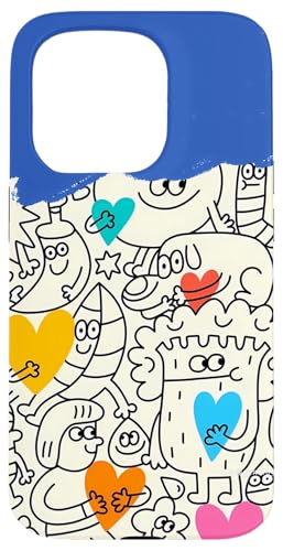Niedliches lustiges Happy Doodle Zeichenmuster Blau Weiß Rosa Gelb Hülle für iPhone 15 Pro von Cute Accessories Art Gifts for Women and Men