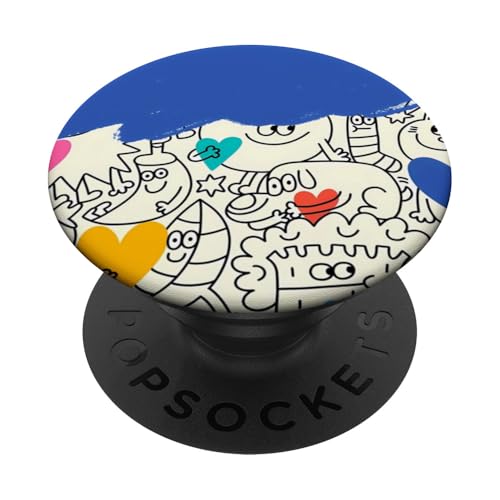 Niedliches lustiges Happy Doodle Zeichenmuster Blau Weiß Rosa Gelb PopSockets Klebender PopGrip von Cute Accessories Art Gifts for Women and Men