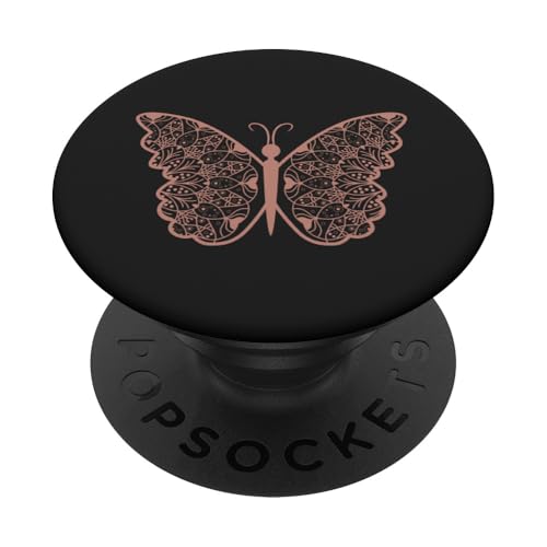 Rose Dawn Mandala-Design mit Schmetterling, Braun / Schwarz PopSockets Klebender PopGrip Rose Dawn Mandala-Design mit Schmetterling, Braun / Schwarz PopSockets Klebender PopGrip von Cute Black Butterfly Mandala Designs