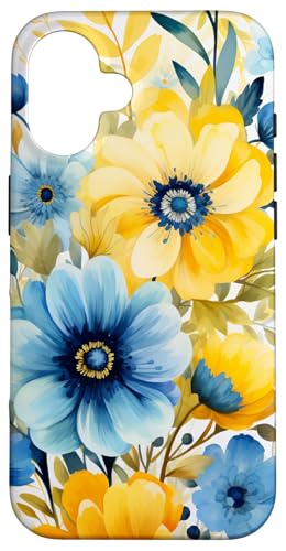 Gelb Blau Floral Aquarell Hülle für iPhone 16 von Cute Flowers