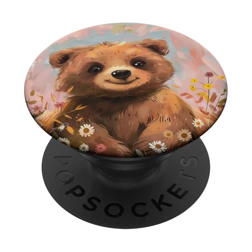 Niedliche Bären-Wildblumen PopSockets Klebender PopGrip von Cute Funny Animals
