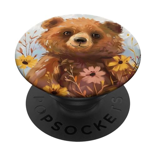 Niedliche Bären-Wildblumen PopSockets Klebender PopGrip von Cute Funny Animals