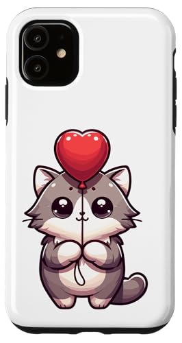 Hülle für iPhone 11 Kawaii Katze mit Herzballon – Kätzchen, Kätzchen, Katze, Mutter, Papa von Merch von Amazon