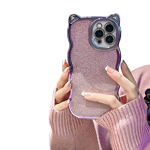 Cutecasee Kompatibel mit iPhone 14 Plus Hülle für Frauen/Mädchen, niedliche Katzenohren Luxus Plating Glitzer Bling Back Curly Wave Anti-Kratzer Stoßfeste Hülle für iPhone 14 Plus, Lila von Cutecasee