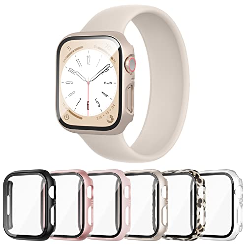 Cuteey Schutzhülle für Apple Watch Serie 9, Serie 8, 7, 41 mm, mit integriertem Displayschutz aus gehärtetem Glas, vollständiger Schutz, PC-Abdeckung für iWatch 41 mm, Zubehör, 6 Stück von Cuteey