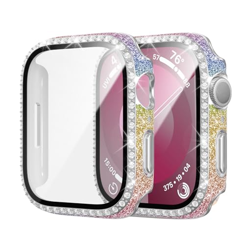 Glitzer-Schutzhülle für Apple Watch Serie 9/8/7, gehärtetes Glas, 41 mm, voller Strass, harte PC-Abdeckung für iWatch-Zubehör, Colofull-Regenbogen, 2 Stück Glitzer-Schutzhülle für Apple Watch Serie 9/8/7, gehärtetes Glas, 41 mm, voller Strass, harte PC-Abdeckung für iWatch-Zubehör, Colofull-Regenbogen, 2 Stück von Cuteey
