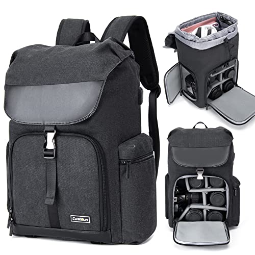 Cwatcun Kamerarucksack Tasche Canvas Professional für SLR DSLR spiegellose Kamera Canon Nikon Sony Pentax Objektiv wasserdicht mit 15.6'' Laptopfach und Stativhalterung, Schwarz von Cwatcun