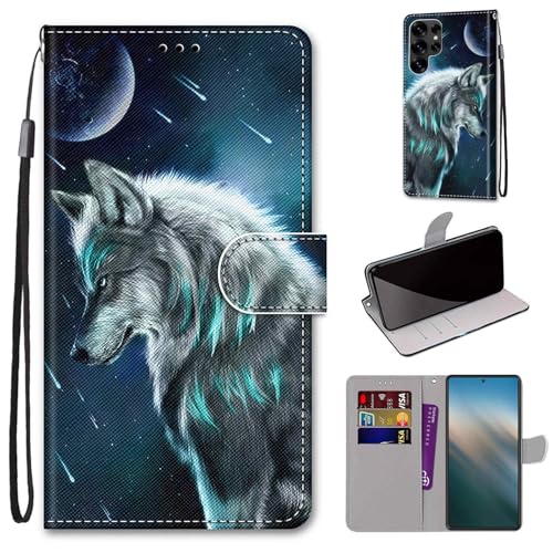 Cxzaqwer Handyhülle Kompatibel mit Samsung Galaxy S25 Ultra, Flip Wallet PU Leder Hülle Objektivschutz Magnetverschluss [Standfunktion] [Kartenfächer] für S25 Ultra Brutender Wolf von Cxzaqwer