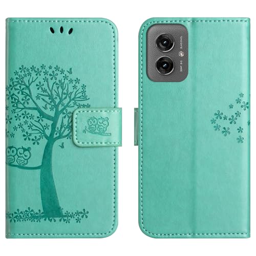 Cxzaqwer Hülle Kompatibel with Motorola Moto G35, Moto G35 PU Leder Wallet Ständer Case,Handyhülle Schutzhülle Magnetisch Lederhülle Slot [Stand Function] [Card Slots] für Moto G35 Grüne Eule von Cxzaqwer