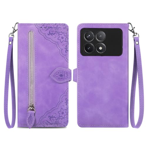 Cxzaqwer Hülle Kompatibel with Xiaomi Poco F6 Pro,Flip Wallet PU Lederhülle Klapphülle Magnetische [Standfunktion] [Kartenfächern] Schutzhülle Blumensiegel Violett von Cxzaqwer