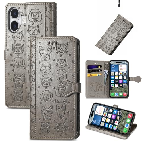 Cxzaqwer Hülle Kompatibel with iPhone 16,Handyhüllen Katzen Hunde Flip Wallet PU Lederhülle Klapphülle Magnetische [Standfunktion] [Kartenfächern] Schutzhülle Grauen von Cxzaqwer